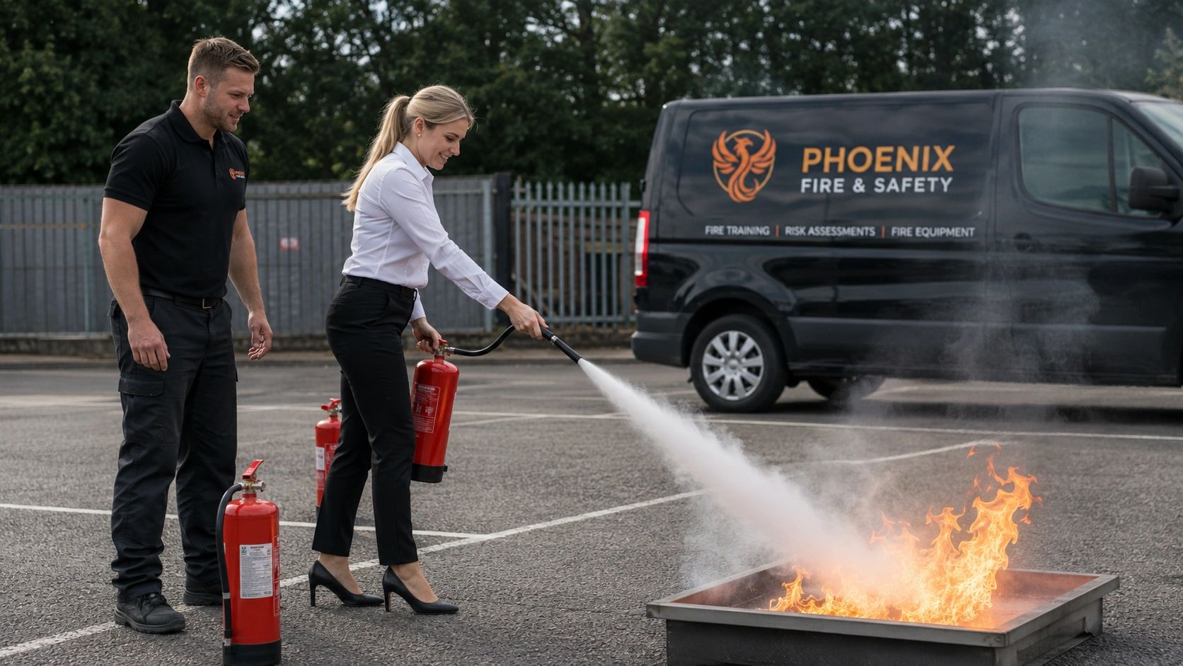 Illustration of a supervised practical fire extinguisher training session